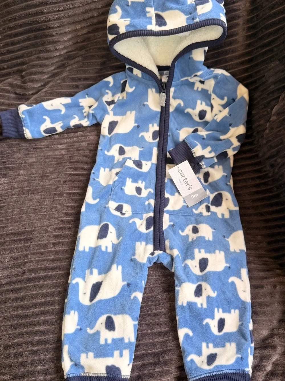 Carter's Blue & White Elephant Fleece Hooded One-Piece